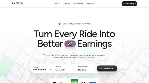 Homepage of RydeIQ